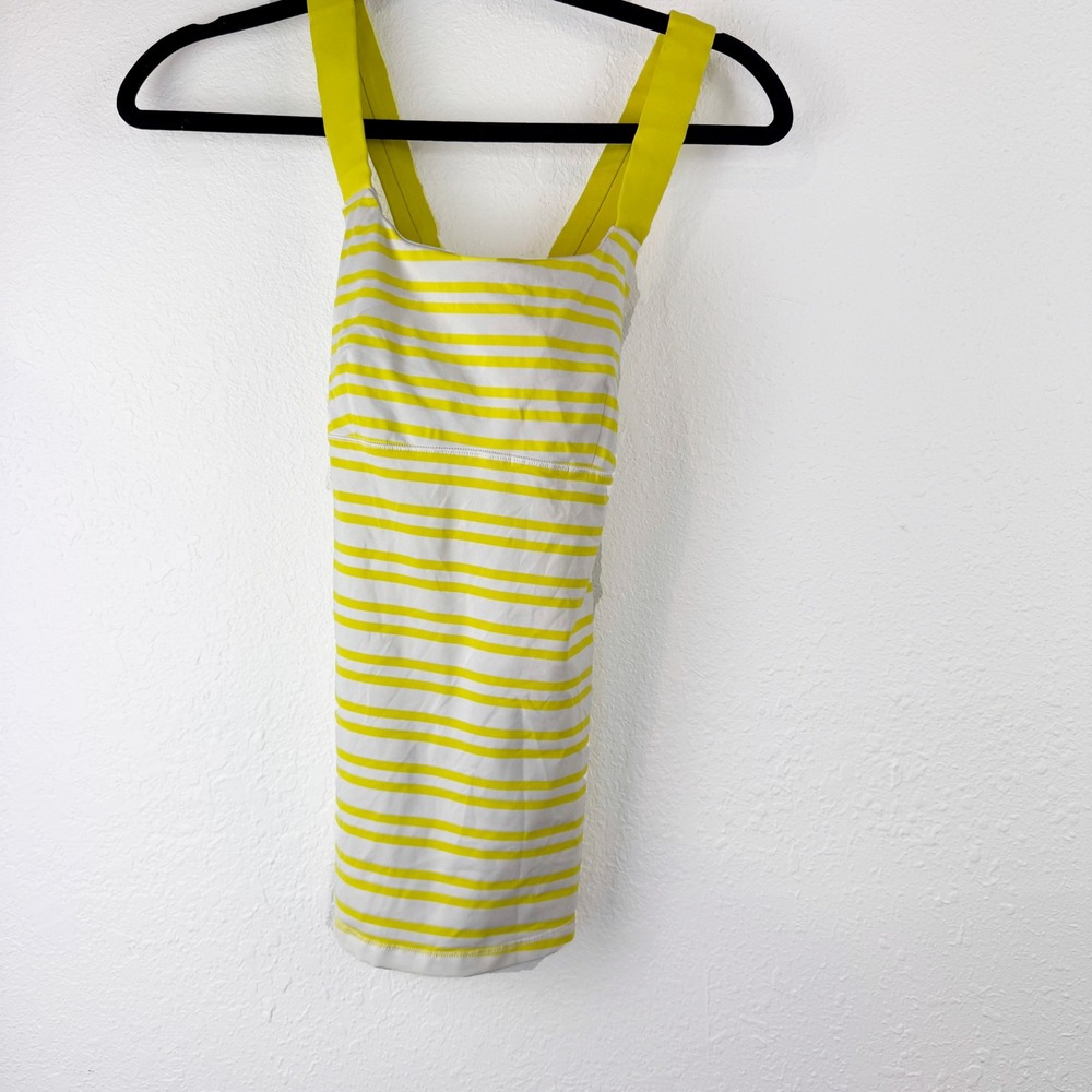Lululemon Yellow White Striped Criss Cross Back Athletic Tank Top Shelf Bra